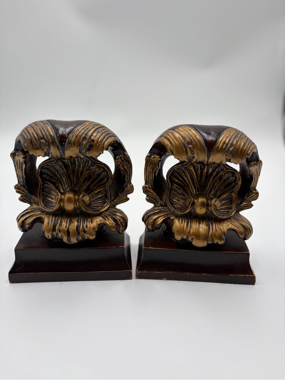 Ornate Gold and Dark Brown Decorative Bookends - Pair